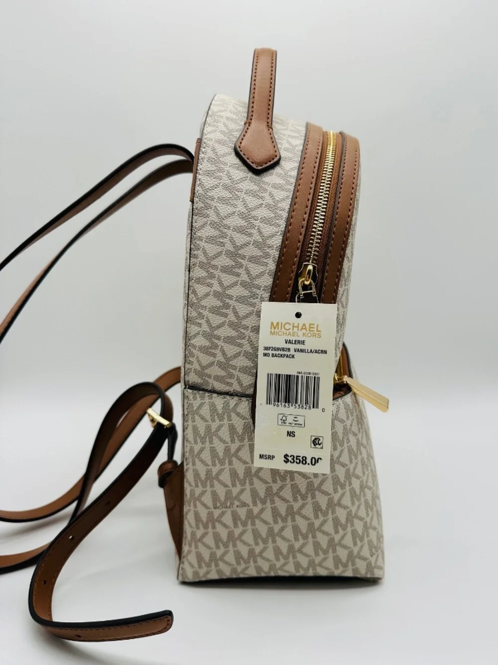 NWT Michael Kors Valerie Medium Logo Backpack Vanilla Acorn White Brown Handbag